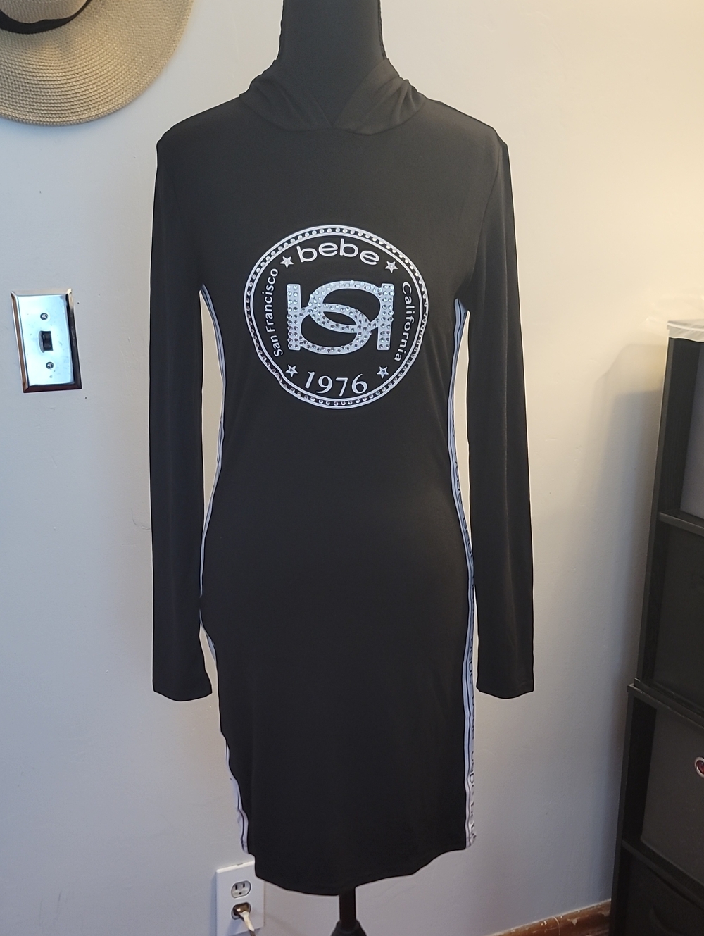 Y2K bebe Black Long Sleeve Hooded Bodycon Athletic Dress with White Stripes